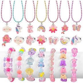 30pcs Kids Jewelry for Girls, 10 Necklaces, 10 Rings, 10 Bracelets, Little Girls Jewelry Kids Unicorn Necklace Rings for girls, Kid Jewelry Bracelets Necklace Birthday Gift Age 2 4 6 8