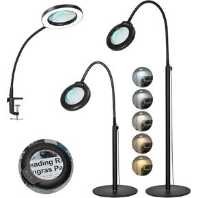 Veemagni 5X Stand Magnifying Glass with Light, 24" Flexible Gooseneck 5 Color Modes Stepless Dimmable Magnifying Floor Lamp, 3-in-1 Adjustable Lighted Magnifier Hands Free for Close Work, Esthetican