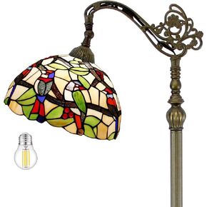 WERFACTORY Tiffany Floor Lamp Amber Double Birds Stained Glass Arched Lamp 12X18X64 Inches Gooseneck Adjustable Corner Standing Reading Light Decor Bedroom Living Room S805 Series