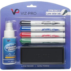VIZ-PRO Dry Erase Marker Starter Set, Low-Odor Whiteboard Pens, Eraser and White Board Cleaner, Assorted Colors, 6-Piece Kit