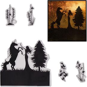 ALIBBON Fairy Forest Background Clear Stamps for Card Making and Photo Album Decorations, Tree Background Stamps, Deer Swan Lake Transparent Silicone Stamps for Crafting and DIY Scrapbooking