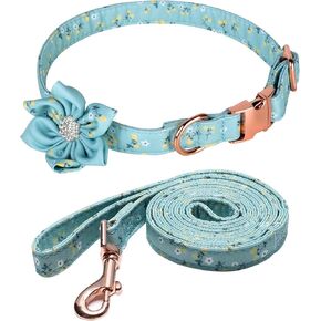 Petmolico Girl Dog Collar, Cute Floral Dog Collar with Detachable Bow Flower and Matching Leash for Female Dogs, Light Green Floral Medium