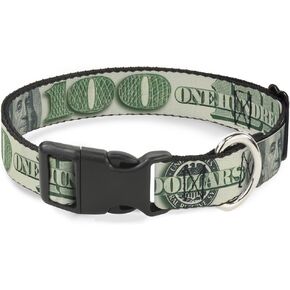Buckle-Down Plastic Clip Collar - 100 Dollar Bill C/U/Triple Benjamin - 1/2" Wide - Fits 9-15" Neck - Large