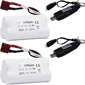 Blomiky 2 Pack T Plug 11.1V 3S 15C 2000mAh 22.2Wh Lithium-ion Battery and Charger Cable Suitable for 2104 and R608 RC Boat / R608 Battery 2