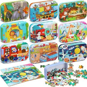 Libima 9 Boxes Party Favors Jigsaw Puzzles in a Metal Box for Age of 4-8 Wooden Puzzle for Ages 4-8 Boys and Girls Learning Educational Toys 9 Styles(Cute Style)