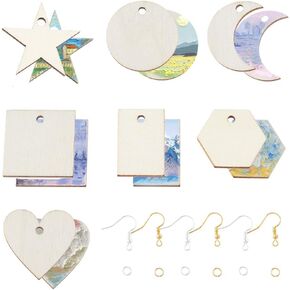 SUNNYCLUE 480Pcs Wood Charms Jump Rings Earrings Making Starter Kit Unfinished Wood Blanks Wooden Blank Charms Earring Hooks Round Pieces Square Heart Moon Star Charms for Jewelry Making Kits Women