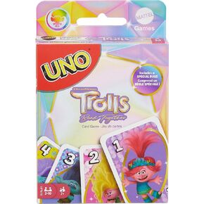Mattel Games Uno Trolls 3: Band Together Card Game for Kids و Adults & Game Night التي تضم شخصيات المتصيدون والقاعدة الخاصة
