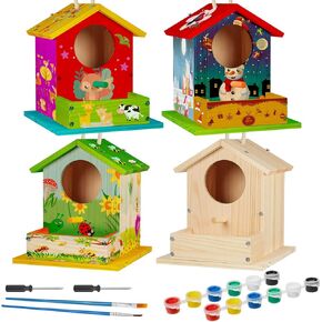 Liliful 4 Pack Wooden Birdhouse Kit DIY Bird House with Paint and Paintbrushes Art and Crafts Painting Kits for Boys Girls Adults Build Paint Classroom Birthday Indoor Outdoor Craft