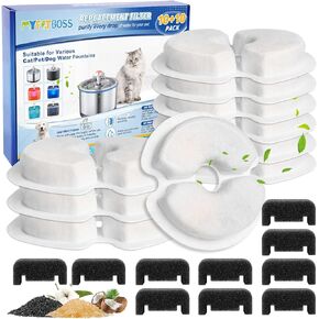 Cat Water Fountain Filter, 10 Pack Replacement & 10 Pack Pre-Filter Sponges, Fit for 67oz/2L & 84oz/2.5L Automatic Cat Pet Dog Fountain