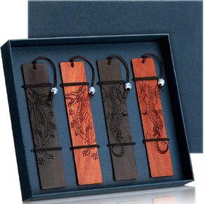 4 Pieces Wood Bookmark Gift Dragon Bookmarks for Men Women Book Lovers Handmade Cool Natural Wooden Carving Book Mark Box Set for Birthday Present, Teachers Appreciation