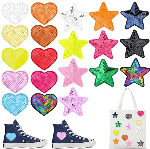 20 PCS Sequin Star & Heart Iron on Patches, Cute Small Embroidered Patch Shiny Appliques Embellishments Glitter Star Heart Stick on Iron Patches for Clothing Jeans Jackets Backpacks Costume in Saudi Arabia