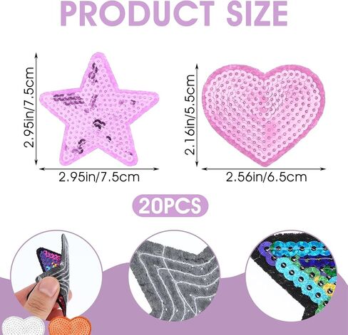 20 PCS Sequin Star & Heart Iron on Patches, Cute Small Embroidered Patch Shiny Appliques Embellishments Glitter Star Heart Stick on Iron Patches for Clothing Jeans Jackets Backpacks Costume in Saudi Arabia