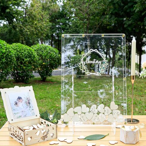 Aerwo Wedding Guest Book بديل ، حفل زفاف دفتر الضيوف ، صندوق الضيوف الأكريليك مربع إسقاط مع حامل ، صندوق خشب رقائقي ، 100 قلوب خشبية وقلم العلامات ، علامات الزفاف للحفل والاستقبال in Kuwait