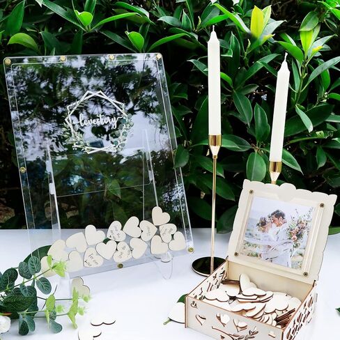 Aerwo Wedding Guest Book بديل ، حفل زفاف دفتر الضيوف ، صندوق الضيوف الأكريليك مربع إسقاط مع حامل ، صندوق خشب رقائقي ، 100 قلوب خشبية وقلم العلامات ، علامات الزفاف للحفل والاستقبال in Kuwait