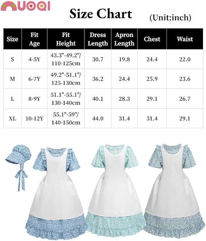 Nuoqi Prairie Dress Girls Pioneer Colonial Costume Laura Ingalls Wilder Costume with Apron in Kuwait