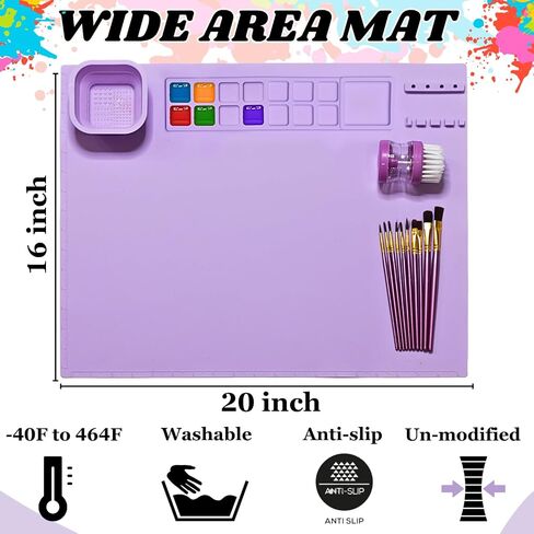 Silicone Painting Mat - Art Mat with Cup, Craft Paint Brush Cleaner Tool &10 Paint Brushes – Thick Large 20 X 16 Paint Mat for Kids & Adults – Washable Erasable Silicone Craft Mat for Artistic Work in Saudi Arabia