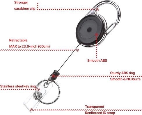 Badge Clips Retractable, Badge Holder Clip, Retractable Badge Holders, Heavy Duty Badge Reel, Retractable Keychain with Carabiner and Key Ring (Black Translucent, 2 Pack) in Saudi Arabia