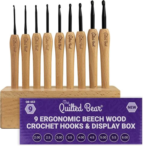 The Quilted Bear Wooden Crochet Hooks with Box – 9 Piece Crochet Hook Set with Stylish Beech Wood Ergonomic Crochet Hooks with Durable Steel Hook Heads (Wooden Display Box Included) in Kuwait