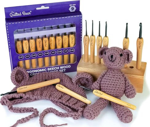 The Quilted Bear Wooden Crochet Hooks with Box – 9 Piece Crochet Hook Set with Stylish Beech Wood Ergonomic Crochet Hooks with Durable Steel Hook Heads (Wooden Display Box Included) in Kuwait