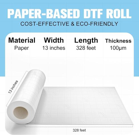 Paper-Backed DTF Transfer Film Roll – 13 inch x 100ft, Vibrant Color Eco-Friendly Direct to Film Transfer Paper for DTF Printing on Fabrics, Compatible with DTF Printers, Inks, and DTF Powder in Saudi Arabia