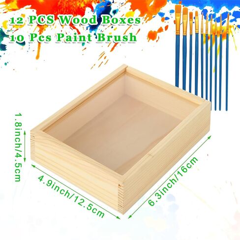Apacali 12pcs صناديق خشبية غير مكتملة مع غطاء صافٍ ، 6.3x4.9x1.8 بوصة صناديق خشبية صغيرة للحرف اليدوية ، صندوق عرض خشبي مربع مع غطاء منزلق لمستلزمات هدايا عيد ميلاد المجوهرات (10 أجزاء من فرشاة الطلاء) in Kuwait