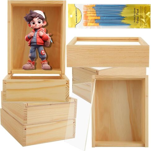 Apacali 12pcs صناديق خشبية غير مكتملة مع غطاء صافٍ ، 6.3x4.9x1.8 بوصة صناديق خشبية صغيرة للحرف اليدوية ، صندوق عرض خشبي مربع مع غطاء منزلق لمستلزمات هدايا عيد ميلاد المجوهرات (10 أجزاء من فرشاة الطلاء) in Kuwait