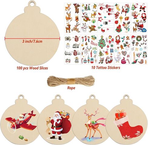 Christmas Wooden Ornaments for Craft, 100Pcs Wood Slices & 10 Stickers, Unfinished Circles Slices DIY Christmas Tree Ornaments Predrilled Discs for Holiday Hanging Painting Decoration(2.4 Inch) in Saudi Arabia