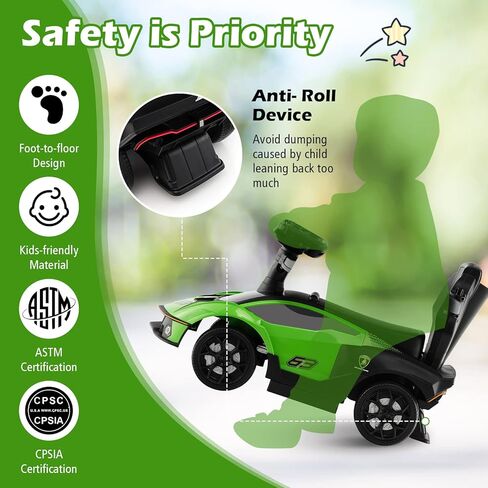 Costzon Push Cars for Toddlers, 3 in 1 Licensed Lamborghini Stroller Sliding Walking Car w/Handle, Armrest Guardrail, Underneath Storage, Horn, Foot-to-Floor Ride On Toy for Boys Girls (Pink) in Kuwait