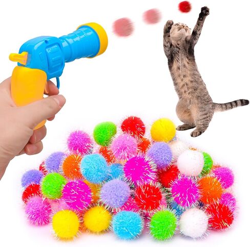 BooTaa Pet Toys, Interactive Cat Toy Set, 80pcs Glitter Pom-Poms Cat Ball Toy with 1 Launcher, Safe Soft Cat Toy Balls for Fetch, Training, Playing in Saudi Arabia