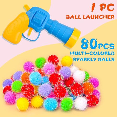 BooTaa Pet Toys, Interactive Cat Toy Set, 80pcs Glitter Pom-Poms Cat Ball Toy with 1 Launcher, Safe Soft Cat Toy Balls for Fetch, Training, Playing in Saudi Arabia