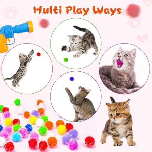 BooTaa Pet Toys, Interactive Cat Toy Set, 80pcs Glitter Pom-Poms Cat Ball Toy with 1 Launcher, Safe Soft Cat Toy Balls for Fetch, Training, Playing in Saudi Arabia