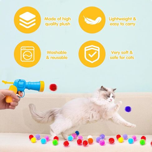 BooTaa Pet Toys, Interactive Cat Toy Set, 80pcs Glitter Pom-Poms Cat Ball Toy with 1 Launcher, Safe Soft Cat Toy Balls for Fetch, Training, Playing in Saudi Arabia