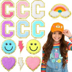 13 Pcs Chenille Letter Patches Girls Rainbow Volleyball Iron on Patches Preppy Glitter Letters Stickers Pink Preppy Patches DIY Christmas Cute Gifts with Initials for Clothing(Letter C)