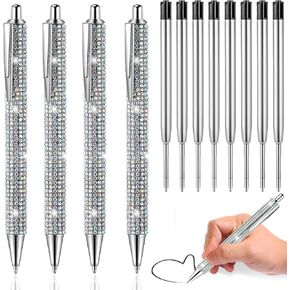 Bling Pens for Rhinestones, 4Pcs Black Ink Silver Ballpoint Pen with 8 Replaceable Refills for Office Supplies Birthday (0.7mm)