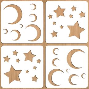 Moon and Star Stencil, 4PCS Small Plastic Moon and Star Template Moon and Star Stencils for Painting Fabric Walls Arts Paper Home Decoration
