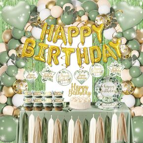 Sage Green Birthday Decorations,Sage Green Balloon Garland Kit Arch, Green Gold Party deco, Happy Birthday Banner Green Fringe Curtain Tablecloth, Green birthday Decor for 10th13th16th18th21st30th