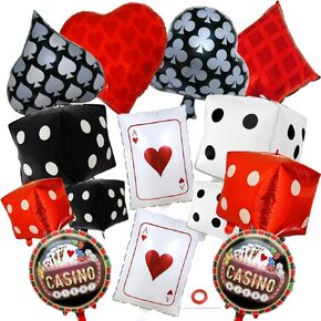Dice and Poker Cards Casino Balloon Decorations, 14 Pcs Large Casino Theme Balloons for Birthday Party Decoration, Texas Poker Parties Decor Game Night Las Vegas Themed Party Supplies