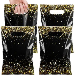 Pasimy 50 Pcs Black and Gold Party Favor Gift Bags Die Cut Plastic Treat Goodie Merchandise with Handle for Birthday Party Wedding Bridal Baby Shower Christmas New Year Gift Supplies