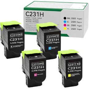 C231HK0 C231HC0 C231HM0 C231HY0 High Yield Toner Cartridge Replacement for Lexmark C2325 C2425 C2535 MC2325 MC2425 MC2535 MC2640 Printer (Black 3500 Pages,Colour 2500 Pages)
