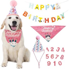 Dog Birthday Bandana Hat with Number Cute Party Supplies Dog Birthday Bandana for Small Medium Large Boy Girl Birthday Banner Blue Pink Pet Birthday Decoration Soft Triangle Scarf