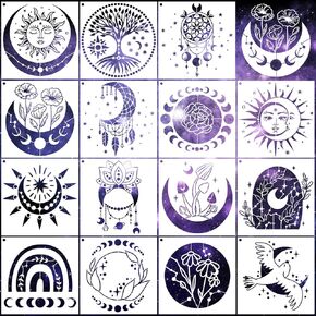 AFRITEE Moon Stencils for Painting on Wood - 12 Pieces Celestial Astrology Mysterious Sun Moon Dream suncatcher Reusable Plastic Painting Template, Boho Bohemia Tree of Life Stencil for Drawing