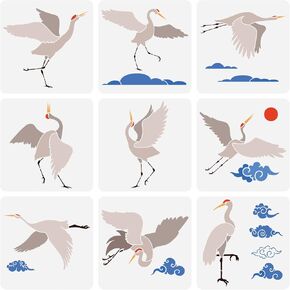 FINGERINSPIRE 9 Pcs Crane Stencil 11.8x11.8 inch Auspicious Clouds Stencils Template Plastic Flying Crane Stencils for Painting Template Large Reusable Crane Stencils for DIY Home Wall Furniture Decor
