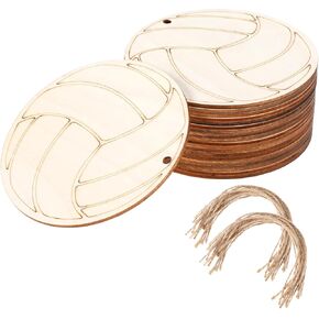 20 PCS Wooden Volleyball Cutouts Crafts Volleyball Wood Hanging Sign Ornaments Sports Theme Wooden Tags with Twines for DIY Project Sport Themed Party Decoration, 3.94x3.94 in