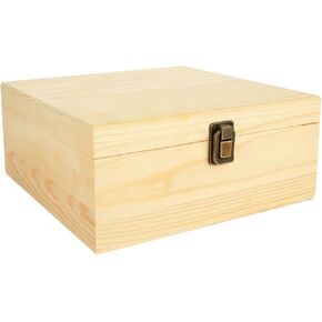 DAJAVE Unfinished Wooden Box, Wooden Storage Box with Hinged Lid, Pine Wood Box DIY Craft Stash Boxes for Arts Hobbies, DIY, Home Storage(9x9x4 Inch)