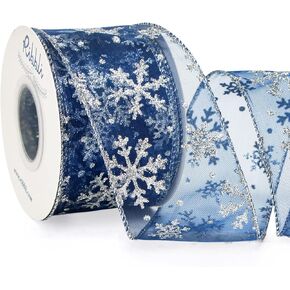 Ribbli Snowflake Glitter Wired Ribbon, Ice Blue Organza Sheer Ribbon with Silver Glitter Snowflake Pattern and Silver Metallic Edge,2-1/2 Inch x 10Yards Christmas Ribbon for Tree Decoration