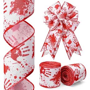 2.5 Inch Halloween Wired Edge Ribbon Bloody Handprint Burlap Ribbon for Gift Wrapping Wreath Making Bow Sewing Craft Supplies, 10 Yard