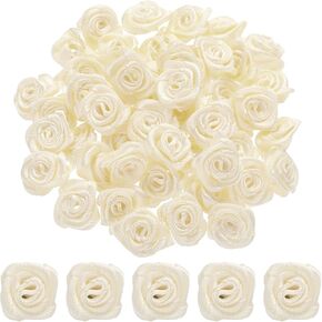 uxcell 100pcs 1.5cm Mini Ribbon Roses Satin Ribbon Flower Rose Artificial Fabric Flowers for DIY Crafting Accessories Sewing Wrapping Wedding Gift Decoration, White