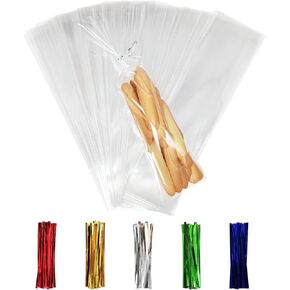 100pcs أكياس السيلوفان 3 × 11 بوصة ، أكياس واضحة معالجة مع روابط تويست 4 '، أكياس التشيلو البلاستيكية - 1.4 مل من أكياس الأرز المقرمش على هدية جيدة.
