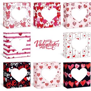 8 Pcs Valentines Day Gift Boxes，Heart Shaped Transparent Window Treat Box Small Goodie Boxes for Candy Chocolate Bakery Cookies Soap Packaging, Valentine's Day Party Decorations Supplies