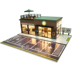 1/64 Car Garage Model Coffee House City Backdrop Car Parking Lot with LED Lighting Scene,5 Model Car Parking Spaces Garage and Model Car Display Case